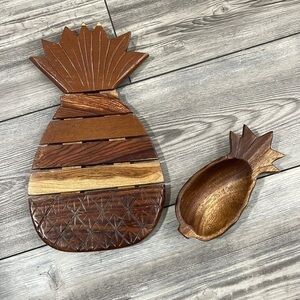 Pineapple Kitchen Decor Hand-carved Wooden Trivet & Hand-carved Pineapple Bowl